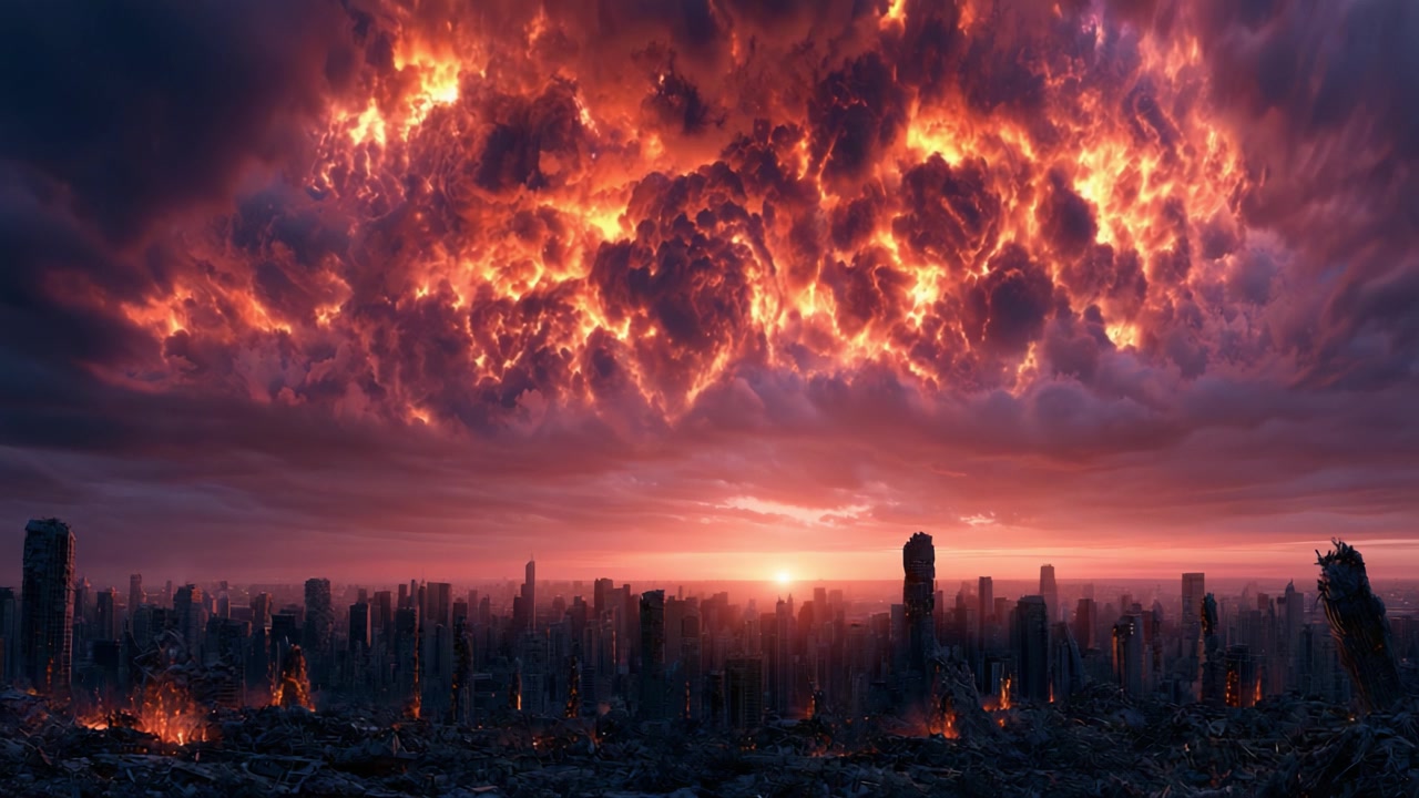 Un paesaggio urbano desolato avvolto dalle fiamme: una vivida rappresentazione di un cielo post-apocalittico che risplende di tonalità infuocate su una metropoli in rovina