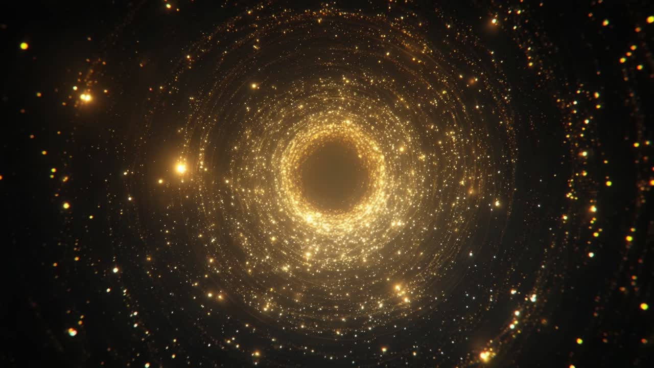 A mesmerizing journey through a swirling vortex of golden stars and luminous particles, captivating the infinite depths of cosmic wonder and the mysteries of the universe