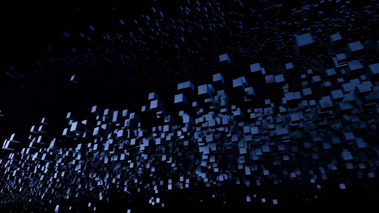 Blue Pixel Cascade Falls Through Dark Void, Dense Swarm Of Floating Cubes And Voxels Forming Matrixlike