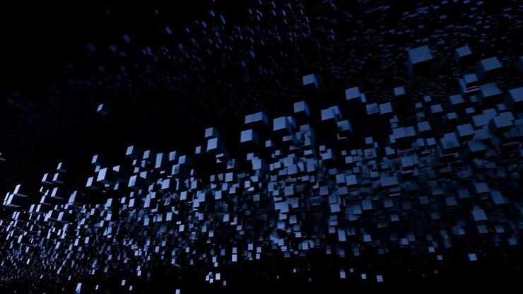 Blue Pixel Cascade Falls Through Dark Void, Dense Swarm Of Floating Cubes And Voxels Forming Matrixlike