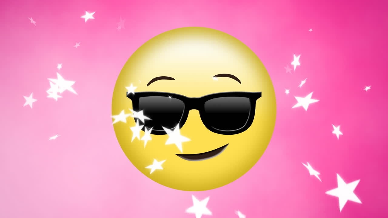 animación de estrellas blancas que se mueven sobre un emoji parpadeante en gafas de sol sobre un fondo rosa