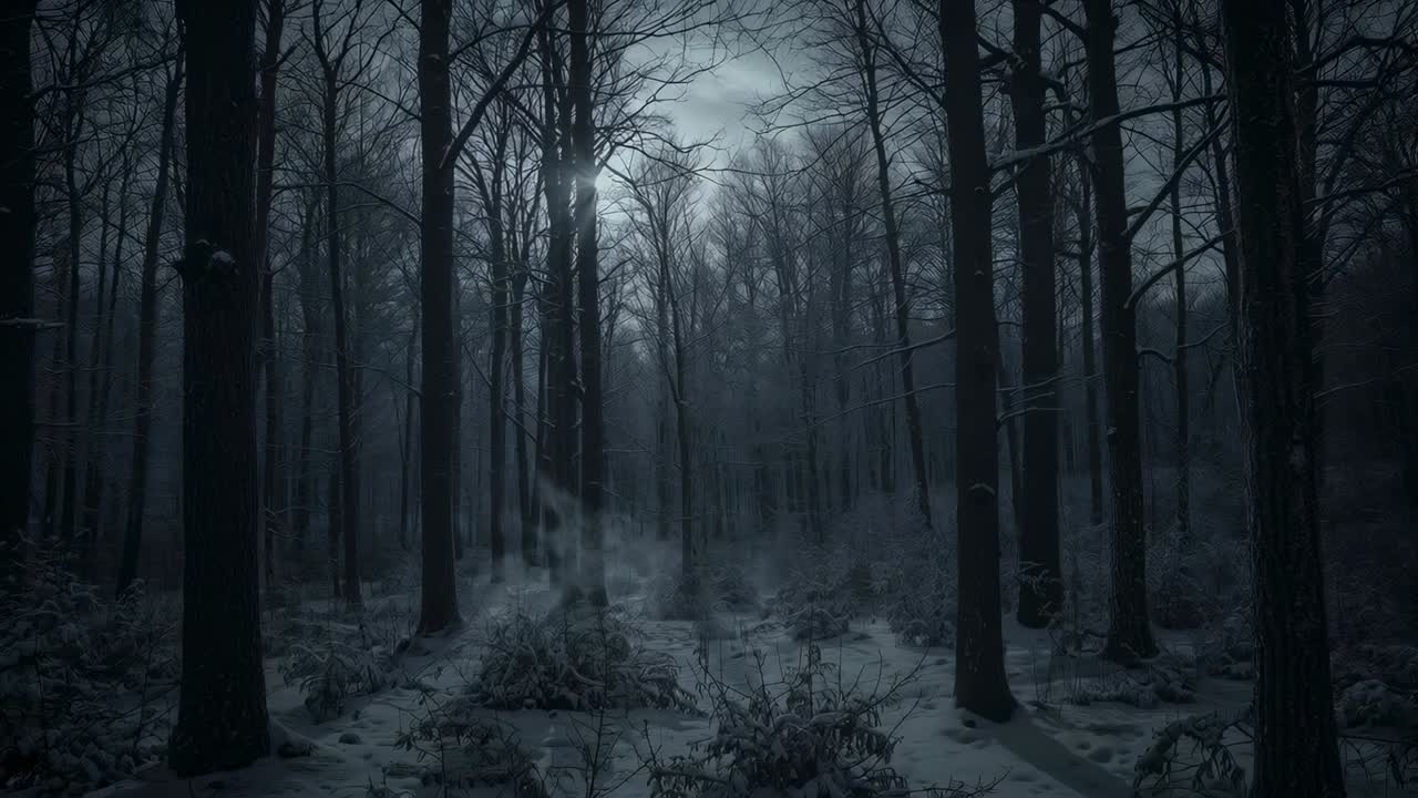 Stigende tåkesøyle som kommer fra tinende børstehaug i snødekt skog, blekt lys som belyser stammer