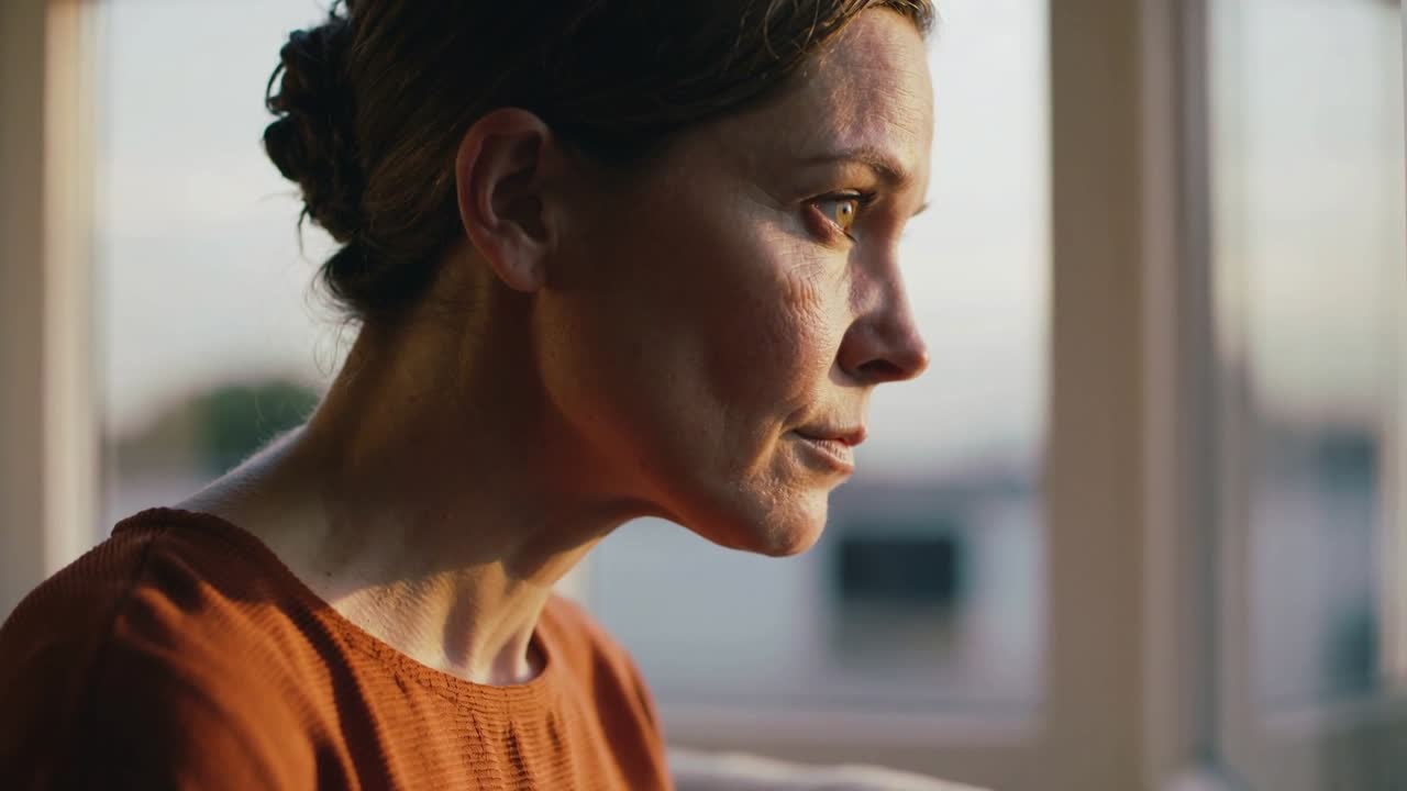 Lifting head, woman in rust blouse shifting gaze toward large window at home with sunlight shifting