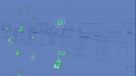 animación de íconos sostenibles que flotan sobre el espacio de trabajo digital en la oficina