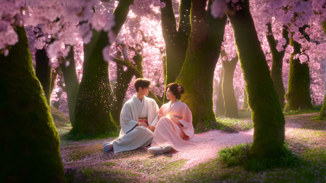 Couple in Kimono Under Cherry Blossom Trees