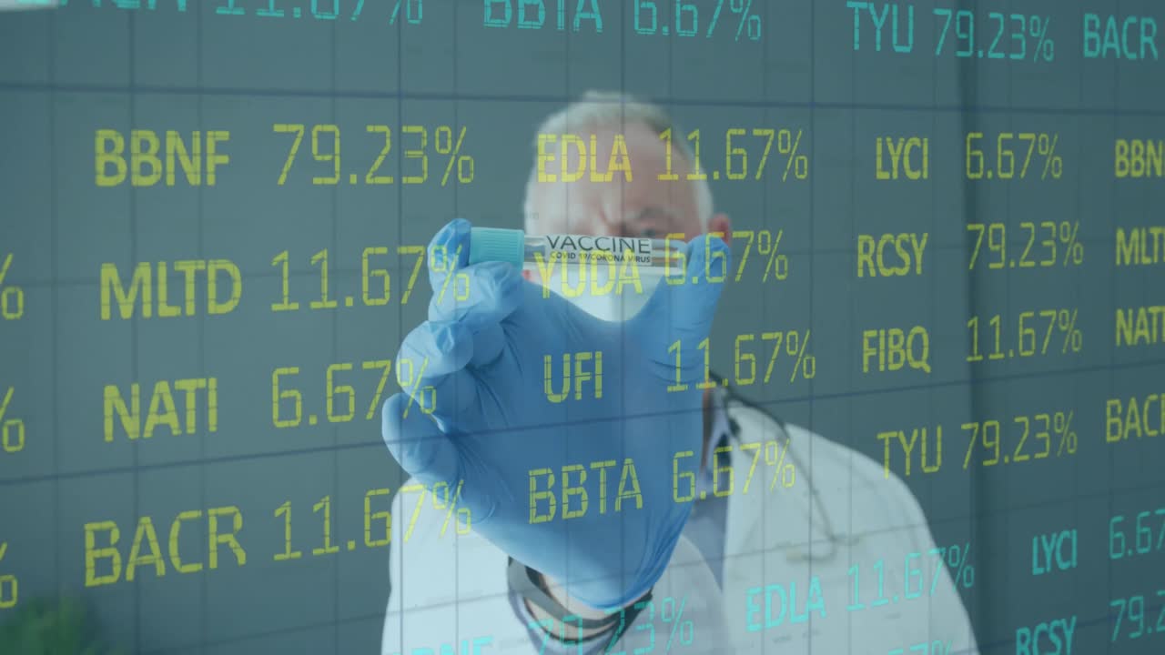 코로나19 백신을 보유한 백인 남성 의사에 대한 주식 시장 데이터 처리의 애니메이션