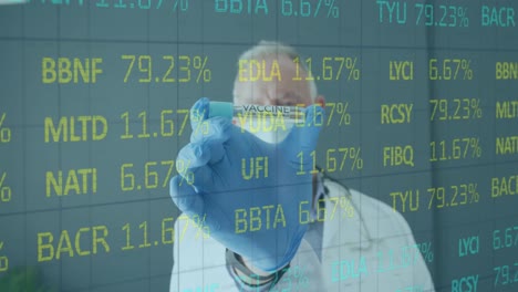 animación del procesamiento de datos del mercado de valores sobre un médico caucásico que tiene la vacuna contra la covid-19