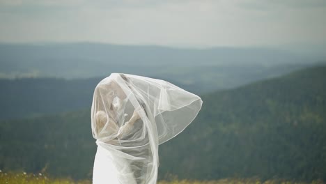 groom with bride having fun on a mountain hills. wedding couple. happy family