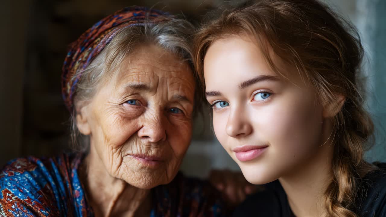A touching moment captured between generations, showcasing the deep connection, warmth, and affection shared between an elderly woman and a young girl, reflecting love, wisdom, and family bonds in a beautiful setting