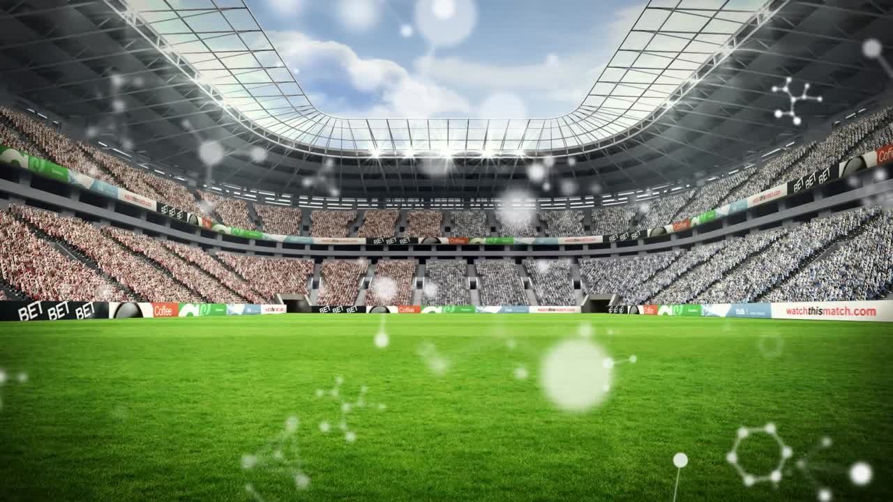 animación de luces parpadeando sobre el estadio al atardecer