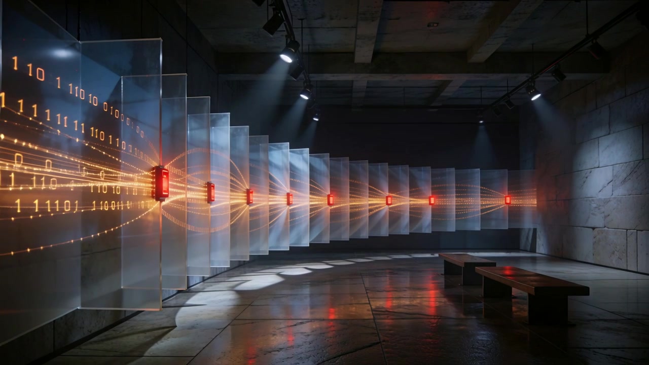 Pulsing light art sending orange beams from left module across gallery, projecting binary for demo