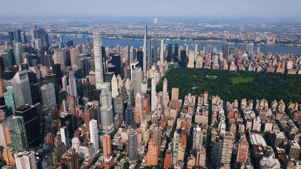 Aerial view of supertall skyscrapers in Manhattan Midtown, sunny day in NYC