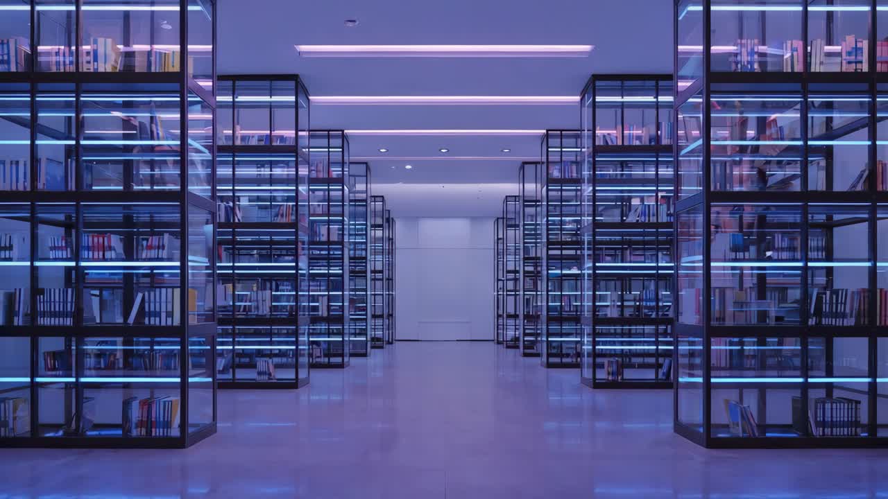 Modern library with rows of bookshelves