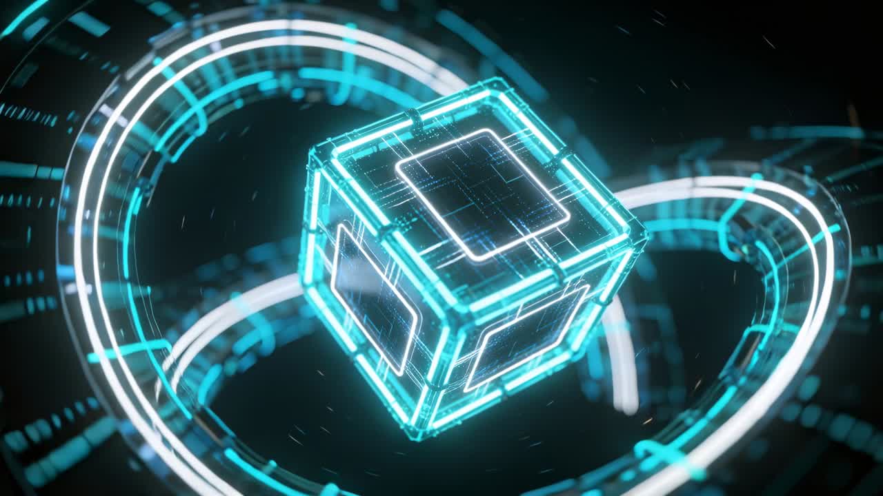 Pulsing light initiating rotating wireframe cube, trailing particles in dark void forming HUD rings