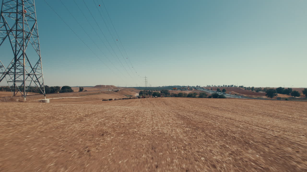 drone vuela sobre una pastora con ovejas en una zona desértica remota, bajo grandes postes de energía, cerca de una carretera, tierra seca sin cultivos, tiro de empuje