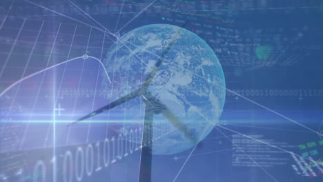 animation of financial data processing and globe over wind turbine