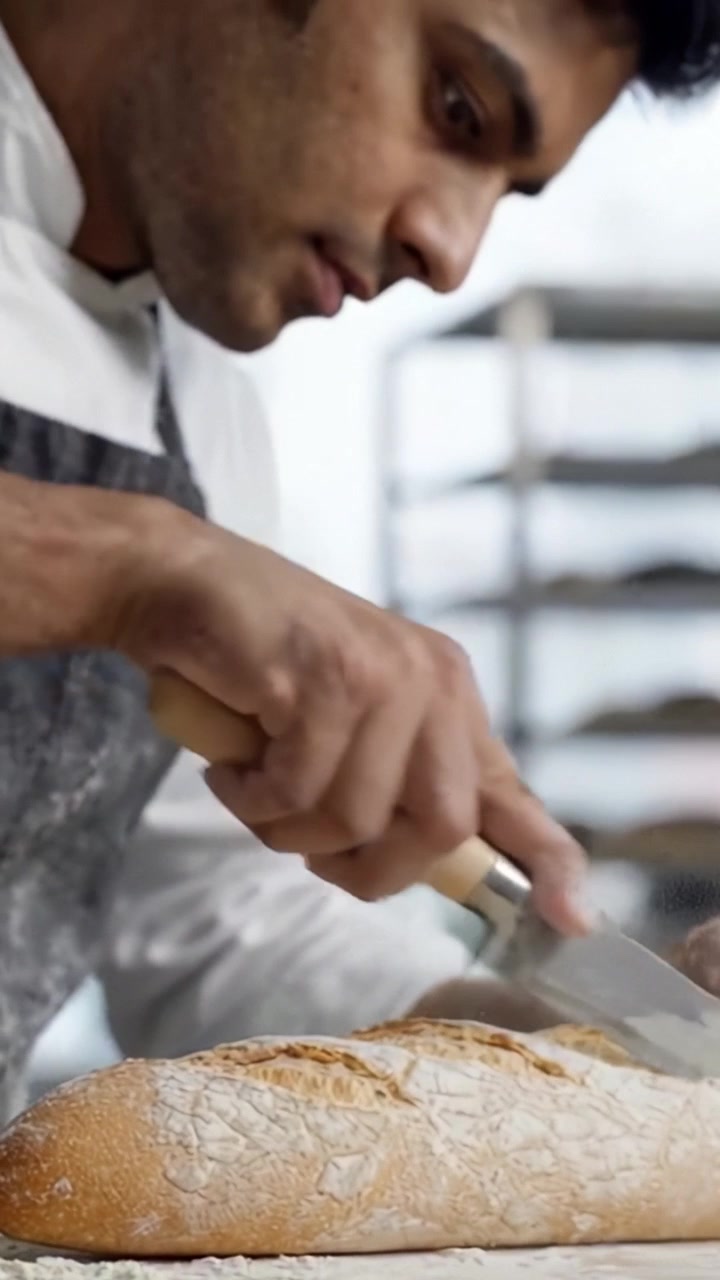 Padeiro Artesanal Fatiando Habilidosamente Pão Recém-Assado em um Ambiente de Padaria Iluminado, com Foco na Textura e Detalhe do Pão e na Técnica da Faca