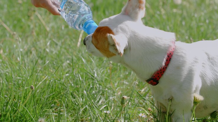 Dog Drinking Water from a Bottle in a Park