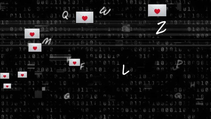 Heart over multiple message icons and and letters floating over binary coding on black background