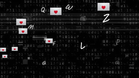 heart over multiple message icons and and letters floating over binary coding on black background