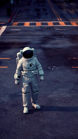 astronaut standing in a desolate city street