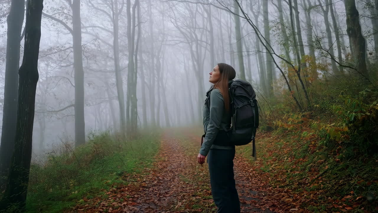 A woman hiking in a foggy forest