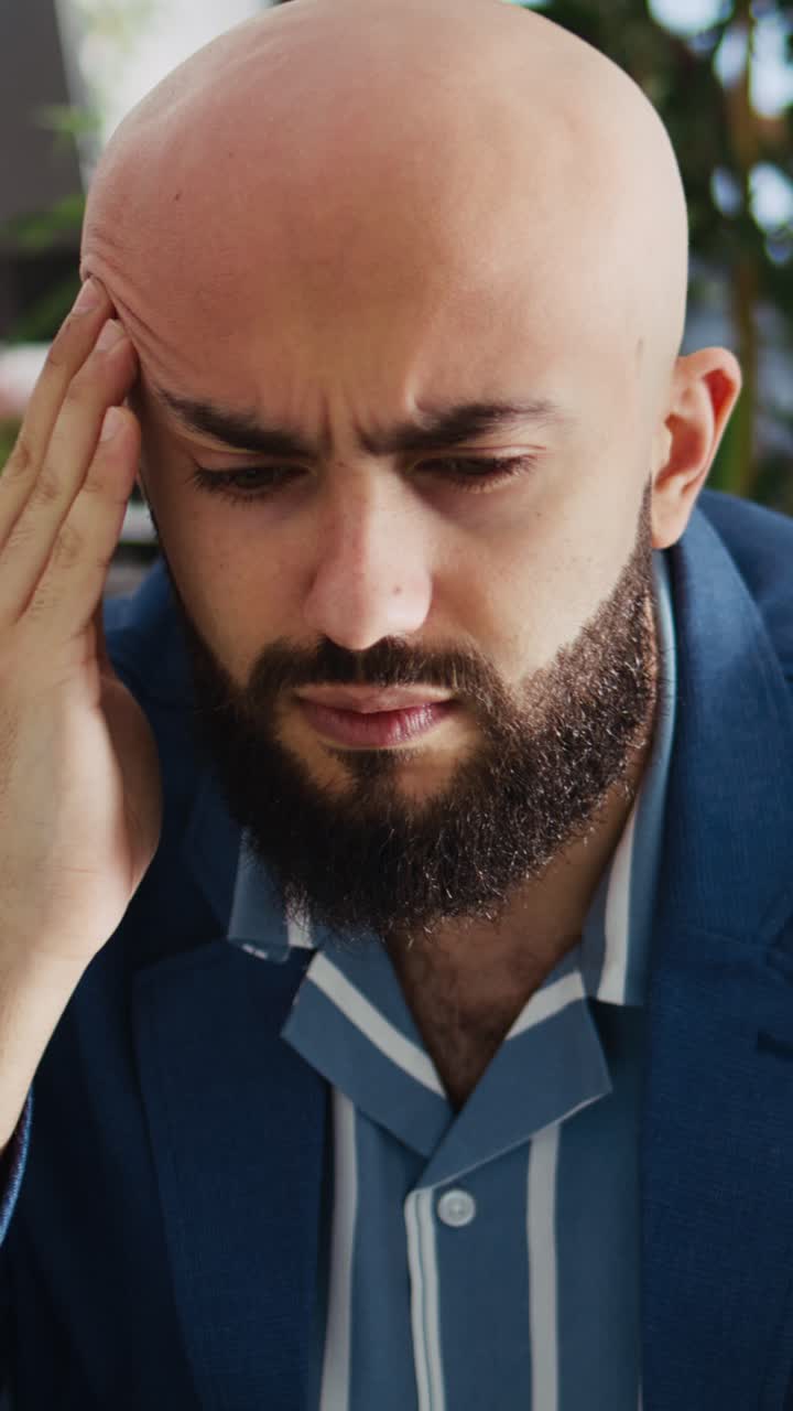 Analista di video verticali che lavora in ufficio con il mal di testa