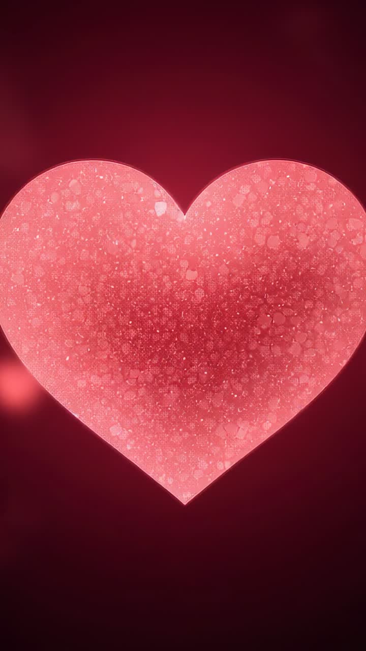 Video verticale: cuore incandescente che sprigiona scintillii in risposta al lens flare sinistro su sfondo rosso
