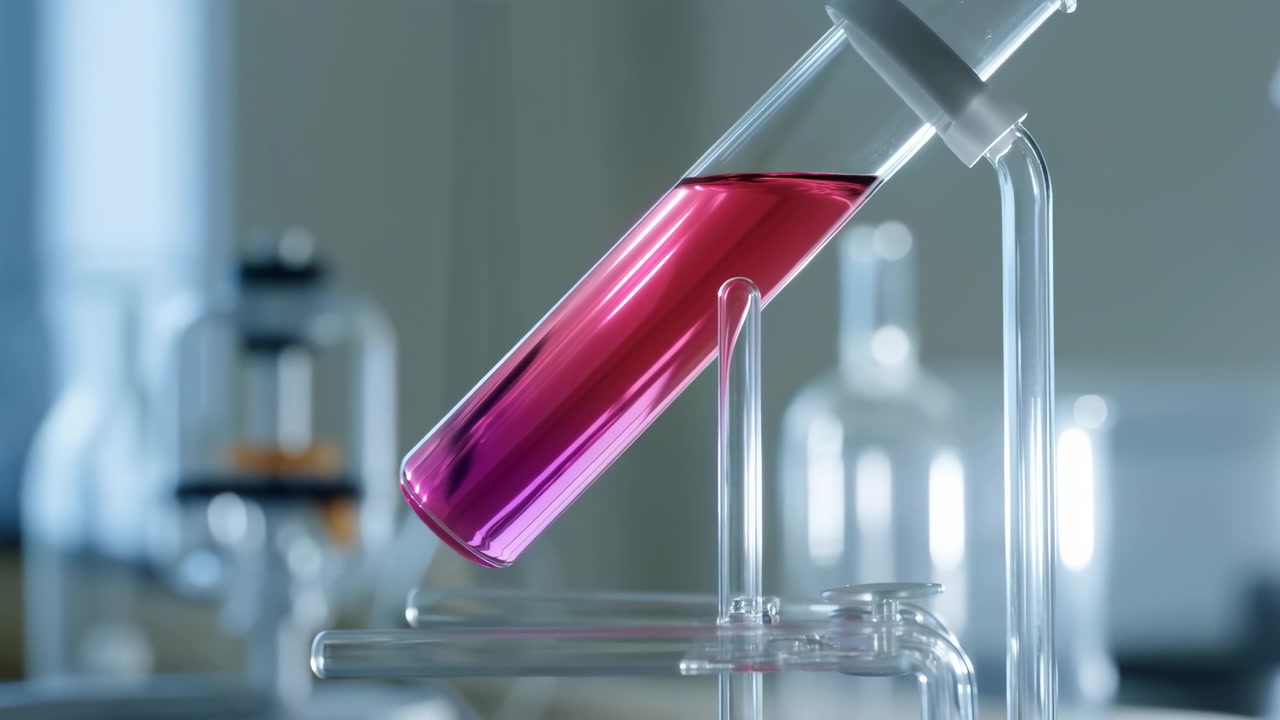 Tilted transparent glass test tube in laboratory rack with glossy magenta liquid, reflective meniscus, bright highlights, and clean clinical color contrast in close angled view