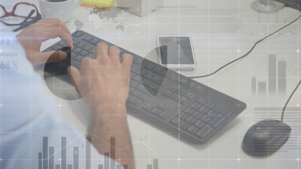 animación del procesamiento de datos estadísticos en la sección media del hombre de negocios escribiendo en el teclado.