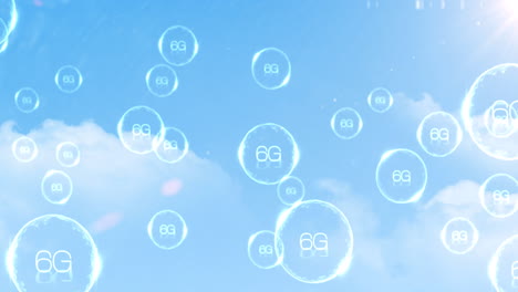 multiple bubbles with 6g text floating and bursting against clouds in blue sky