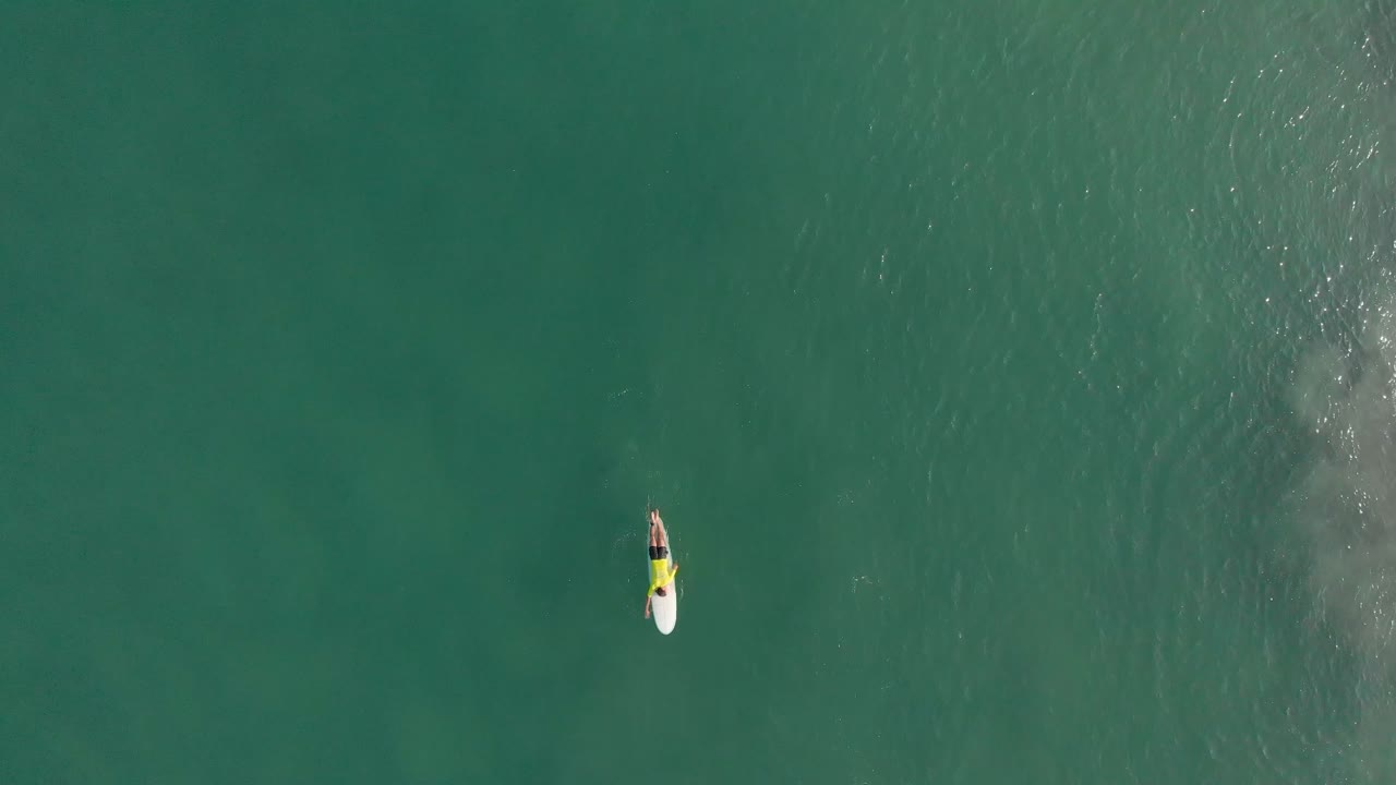 imágenes aéreas verticales que muestran a los surfistas flotando en sus tablas de surf, practicando y aprendiendo los deportes recreativos de surf en el agua