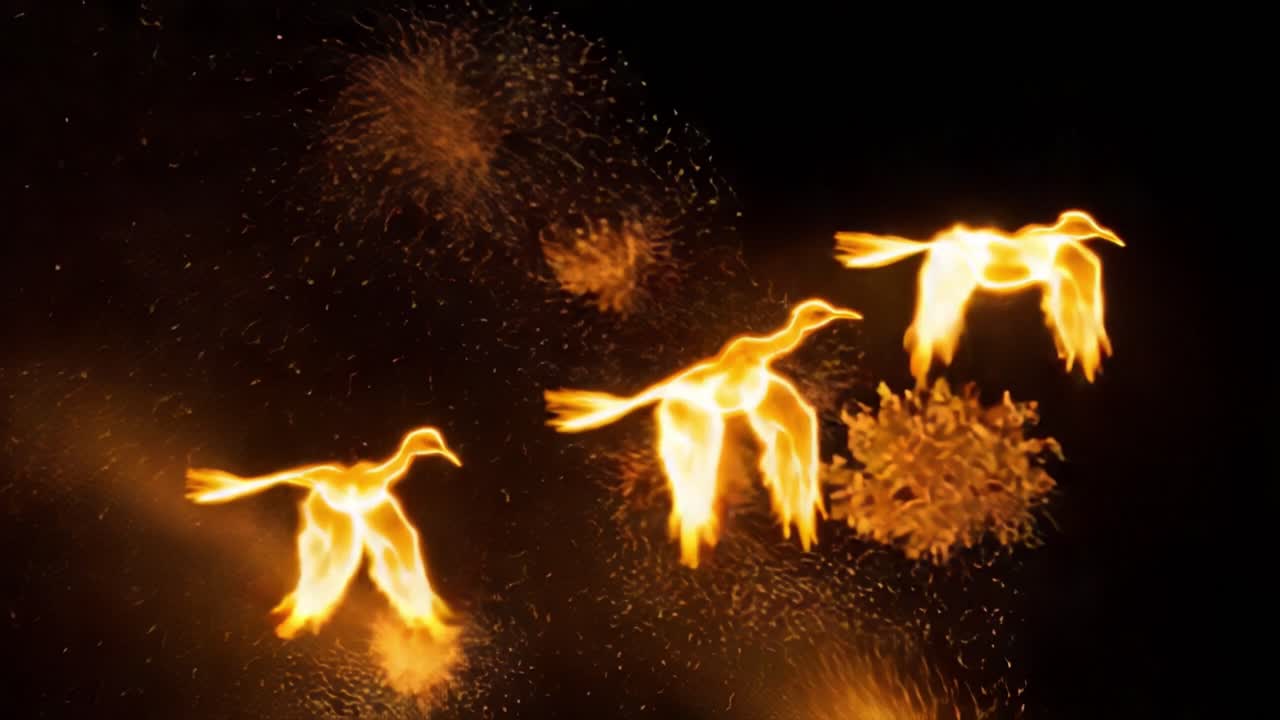 Majestic Flaming Birds: An Enchanting Display of Fire and Light Soaring Through the Night Sky in a Dazzling Dance of Passionate Flames and Sparks