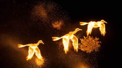 majestic flaming birds: an enchanting display of fire and light soaring through the night sky in a dazzling dance of passionate flames and sparks