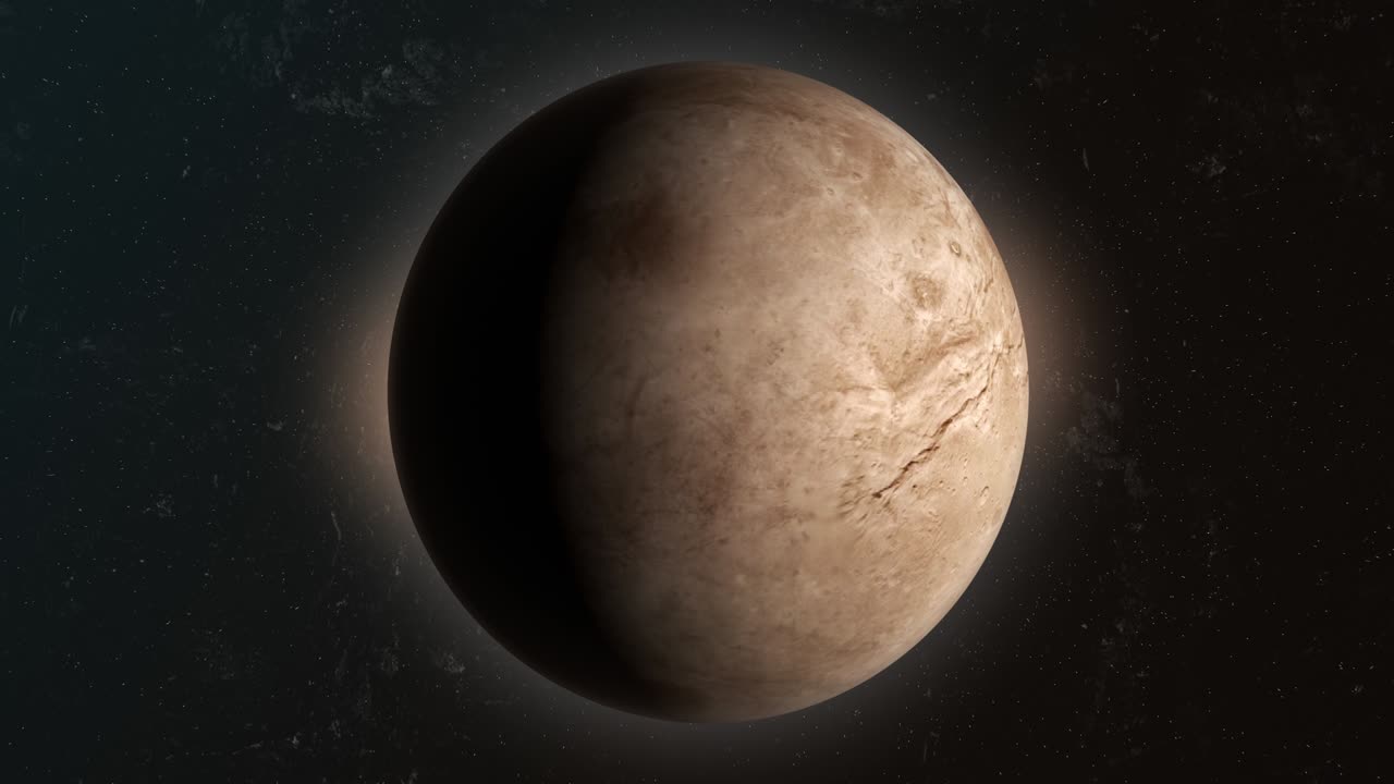 Charon, natural satellite of dwarf planet Pluto, rotating in the outer space