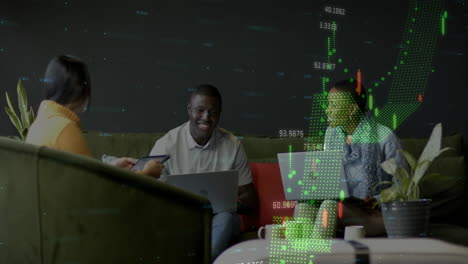 animation of financial data processing over diverse businesspeople working in office