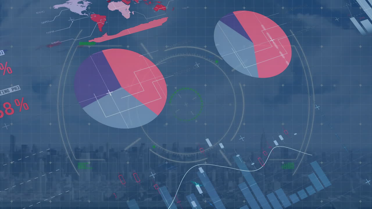 animación del procesamiento de datos financieros sobre el paisaje urbano