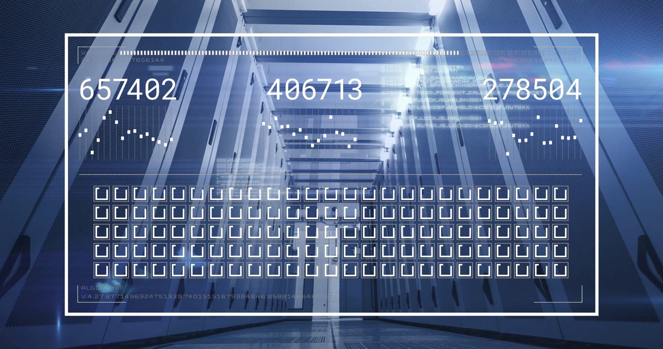 Animation of interface with data processing against computer server room