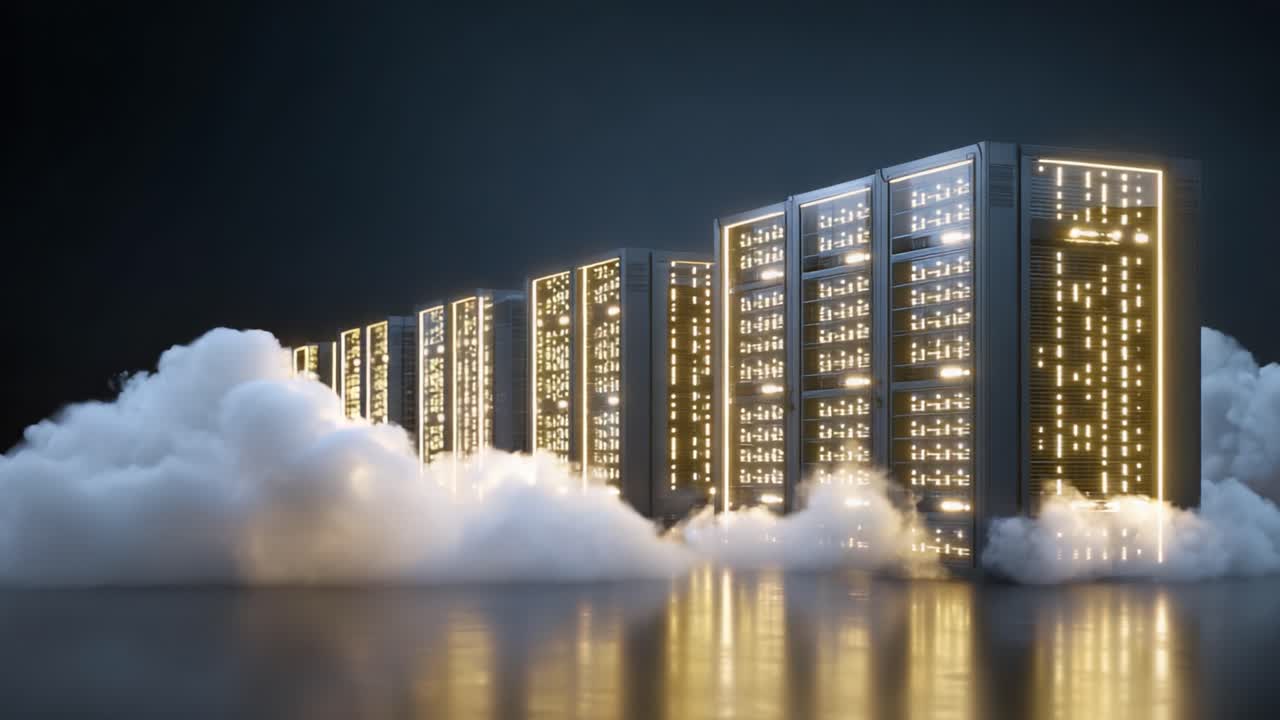 Futuristic Data Center Illuminated by Soft Light and Surrounded by Wispy Clouds, Showcasing Cutting-Edge Technology and Modern Server Design in a Dark Ambiance