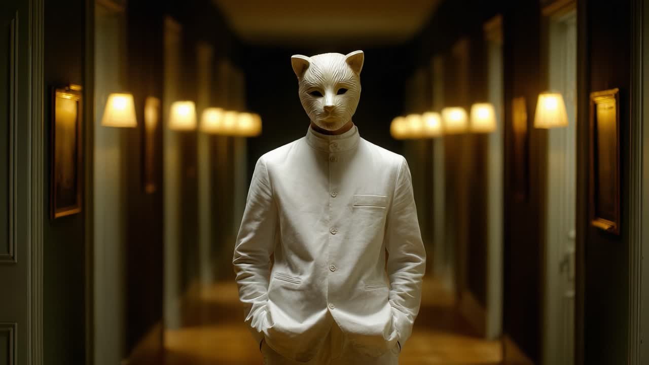 A Mysterious Figure in a Cat Mask Stands Reassuredly in an Eerie Hallway, Illuminated by Subtle Lighting, Creating an Atmosphere of Suspense and Enigma