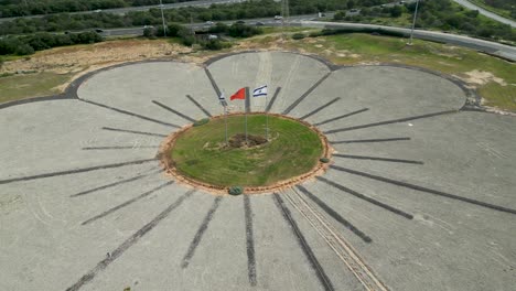 4K-high-resolution-aerial-drone-video-view-of-the-flower-highway-interchange-with-Israeli-flags--Rishon-Lezion--Israel