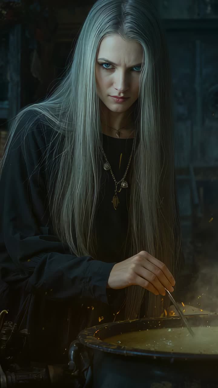 Vertical video: Dipping spoon into cauldron, woman stirring glowing potion in workshop for ritual