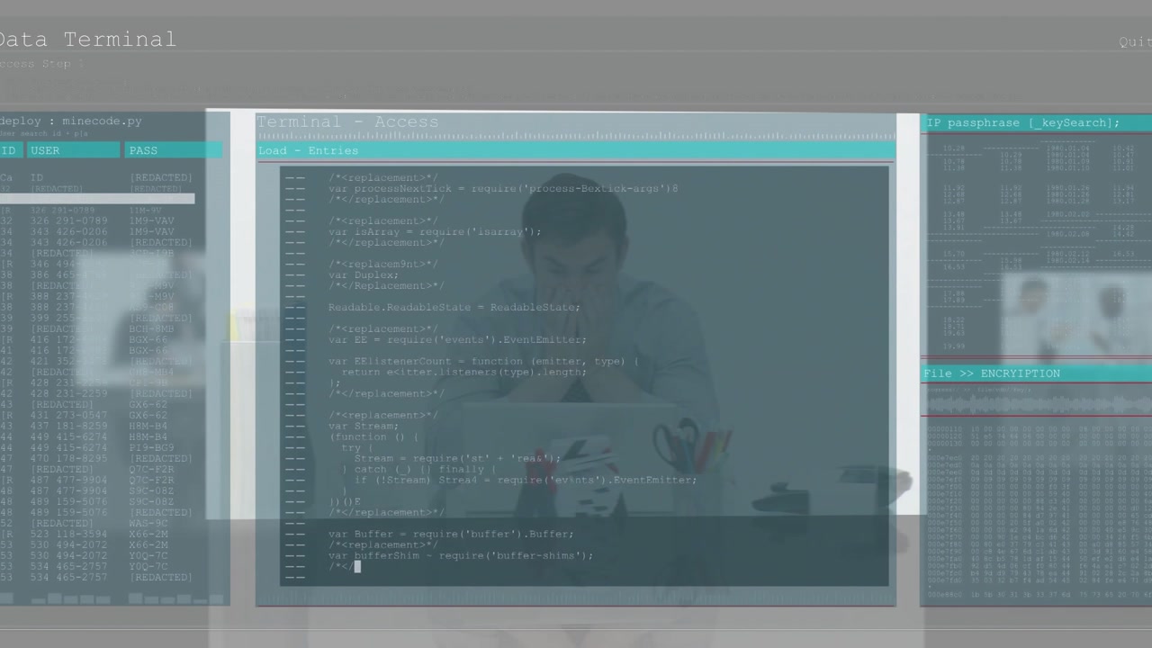 female medical admin flipping documents initiating terminal overlay scrolling code, updating panel
