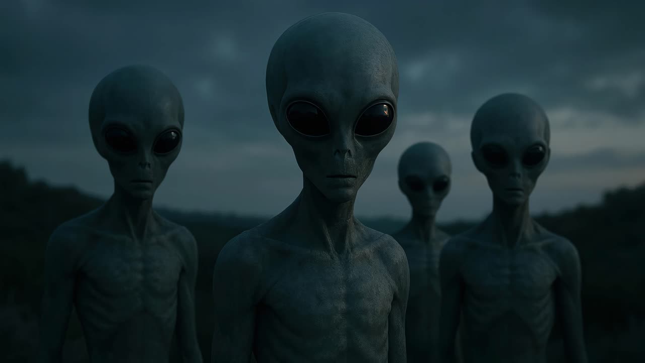 Eerie video concept of four aliens under a cloudy sky. Shot from a low angle