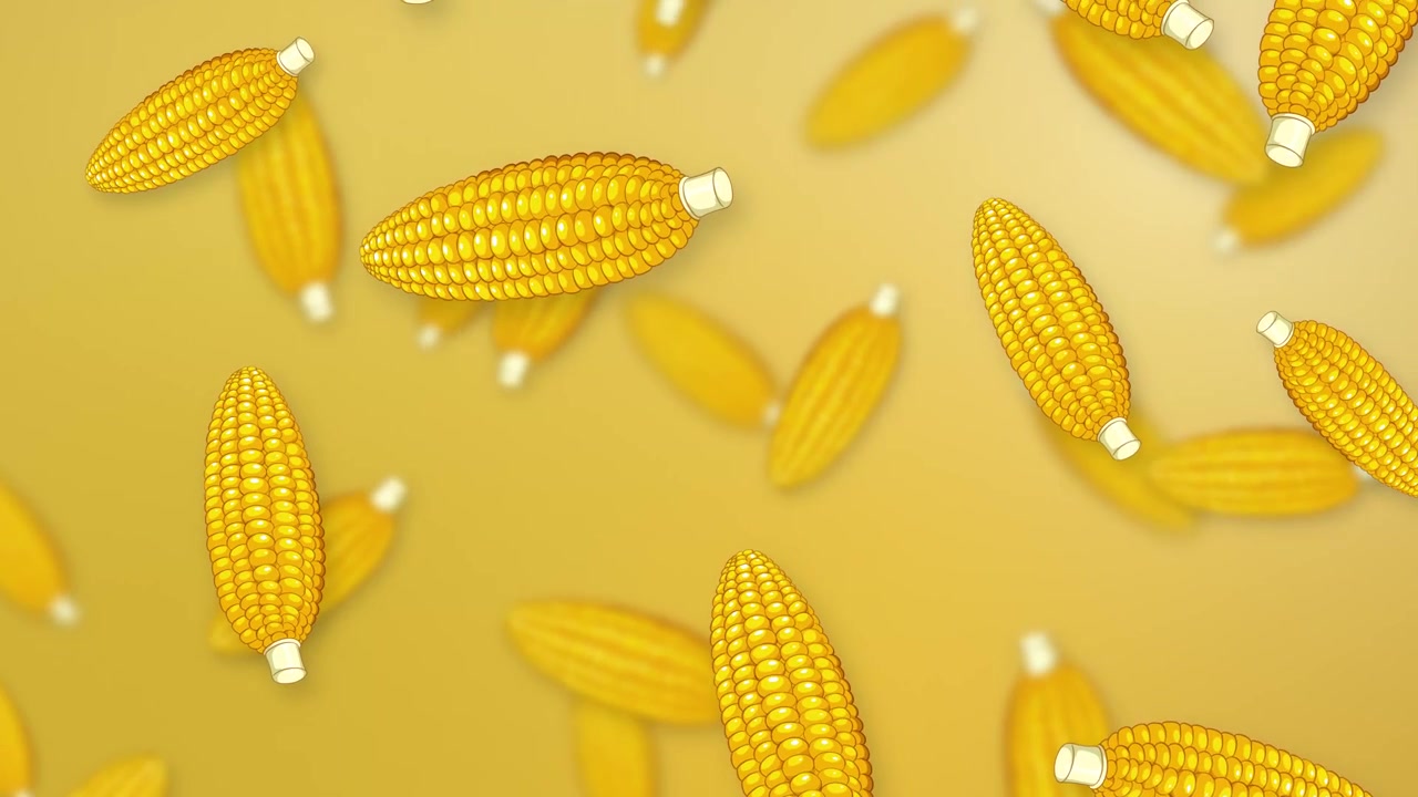 Stylized yellow corn cobs fall and rotate against a soft yellow gradient mesh background.