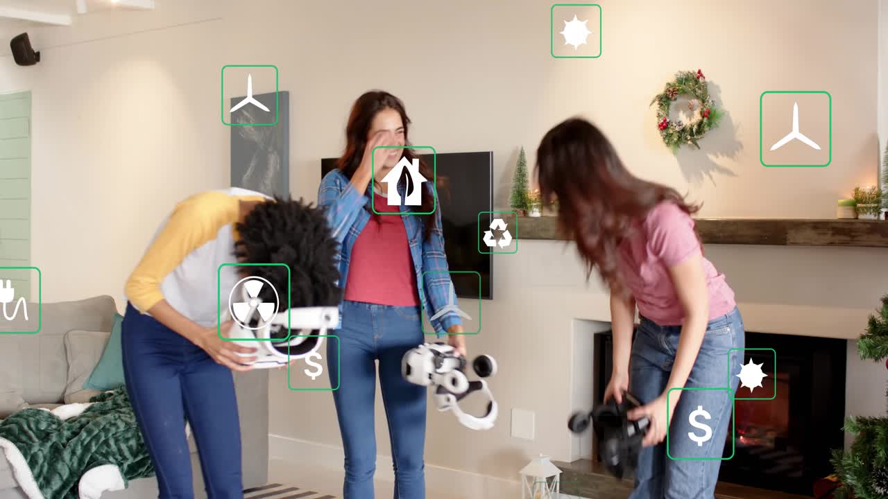 Três mulheres colocando óculos de realidade virtual em sala de férias, usando ícones de tecnologia, entregando os óculos, rindo