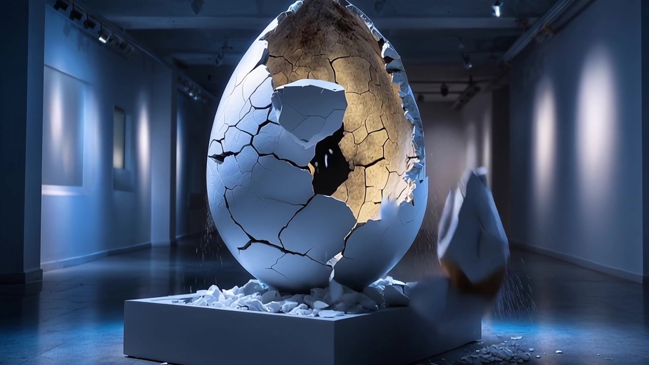 Stor revnet æggeskulptur, der går i stykker i et mørkt kunstgalleri