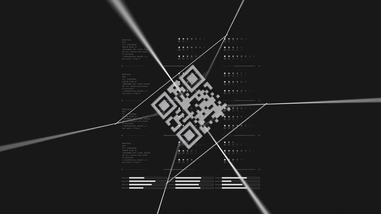 Animation of qr code and digital data processing over black background