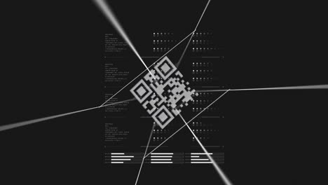 animación del código qr y procesamiento de datos digitales sobre fondo negro