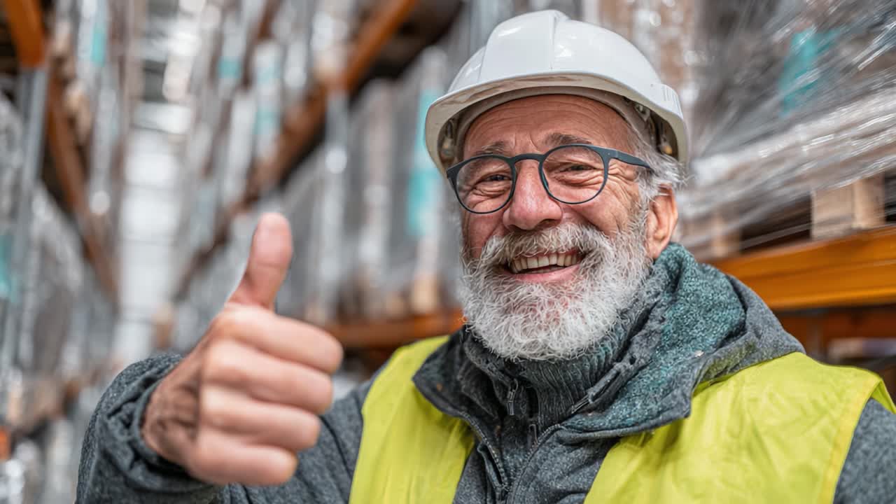 A Smiling Construction Worker in a Warehouse Thumbs Up, Celebrating Accomplishments with a Cheerful Expression and Safety Gear